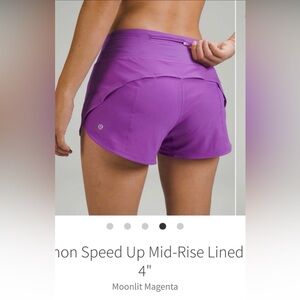 Lululemon Speed Up Mid-Rise Lined 4”
COLOR: Moonlit Magenta SIZE 8